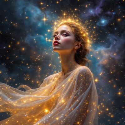 The primary subject of the image is a woman with long hair, who is the main focus of the scene. She is wearing a flowing dress and is surrounded by a beautiful, star-filled sky. The visual style of the image is a digital art, which adds a sense of depth and realism to the scene. The colors and mood of the image are predominantly warm and serene, with the woman's glowing dress and the starry background creating a sense of wonder and tranquility.